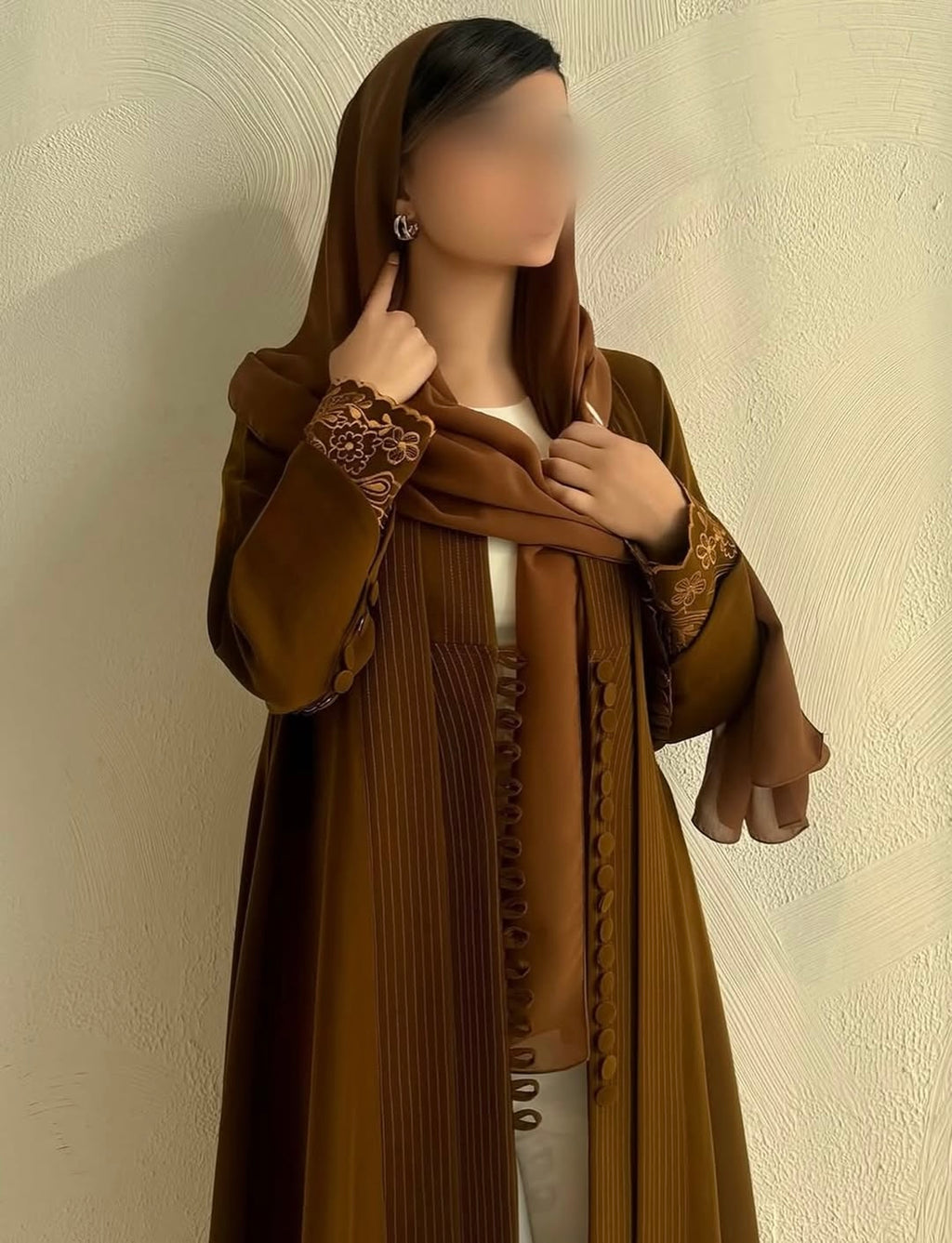 Elegant Pleated Front Open Abaya in Warm Cocoa Brown