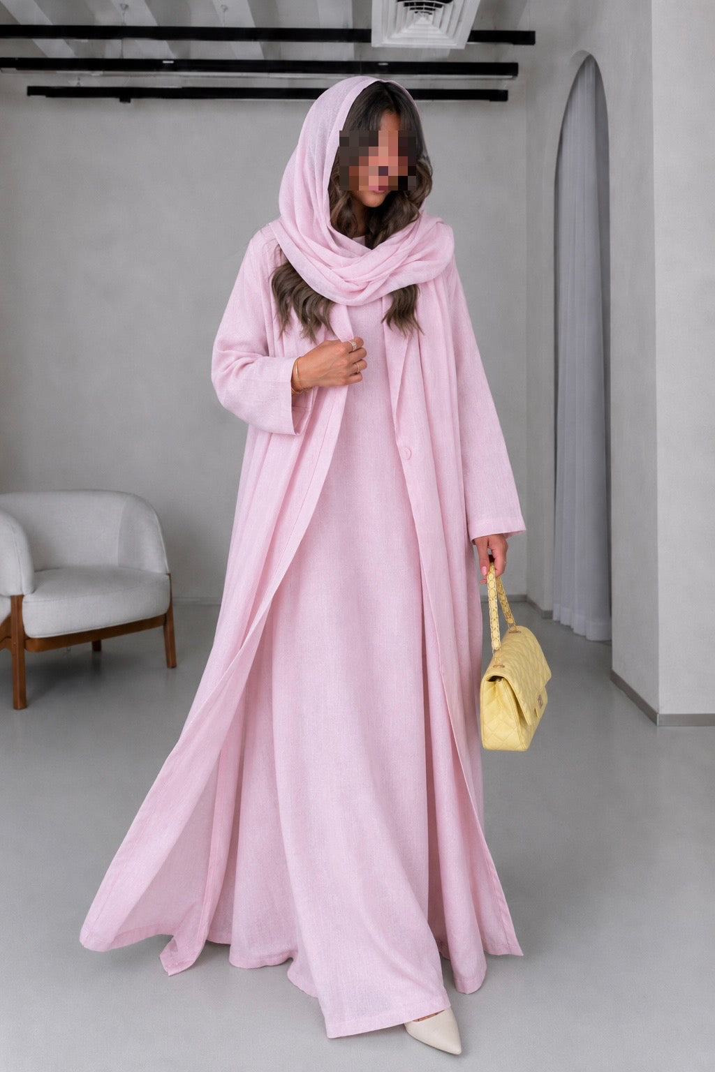 Soft Linen Summer Abaya Set with Matching Inner & Shaila, Baby Pink