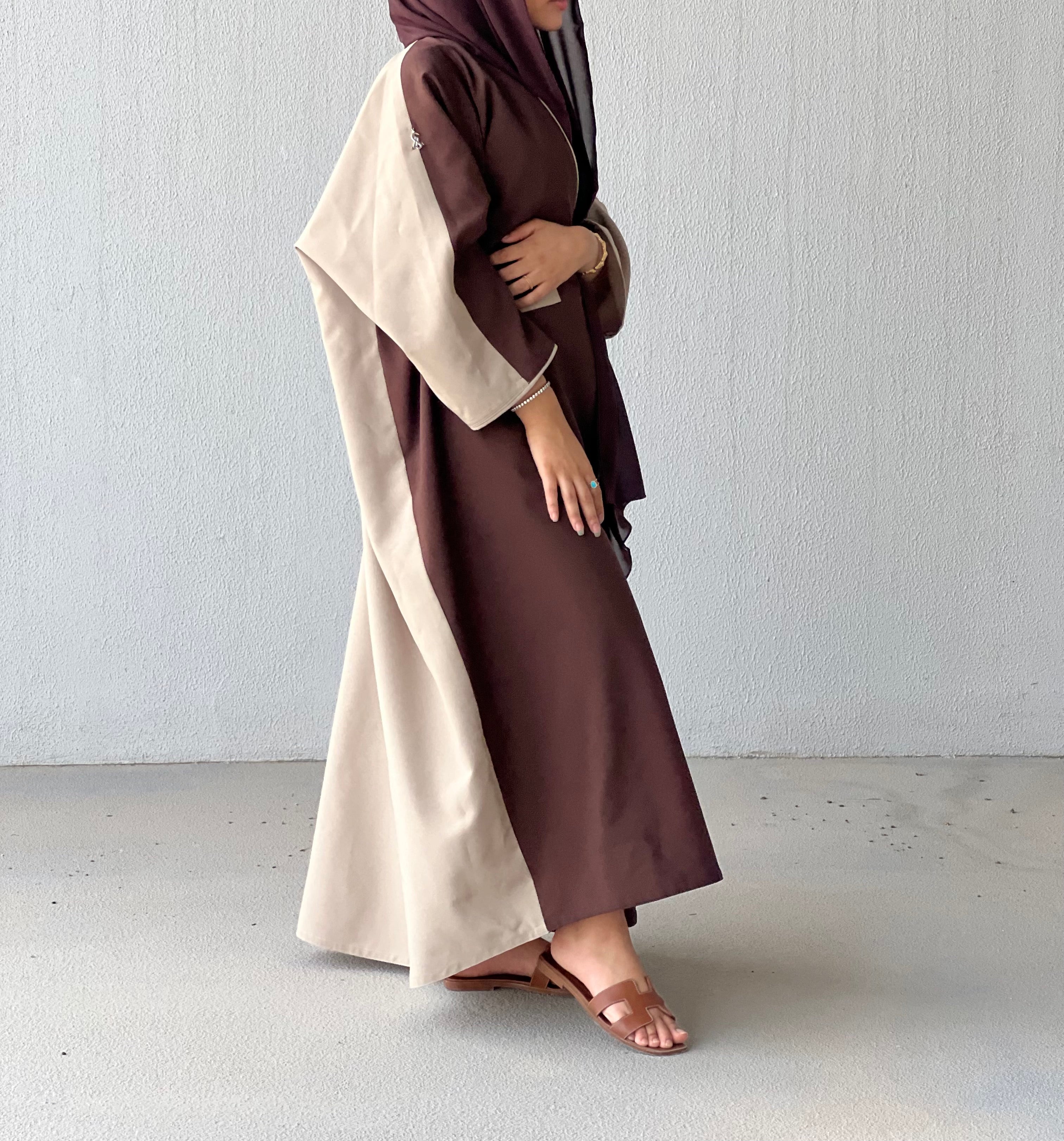 Brown with beige Abaya regular wrap cut