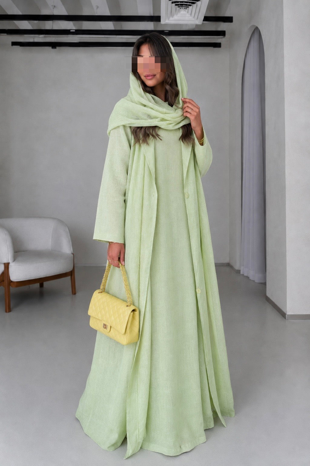 Soft Linen Summer Abaya Set with Matching Inner & Shaila, Green