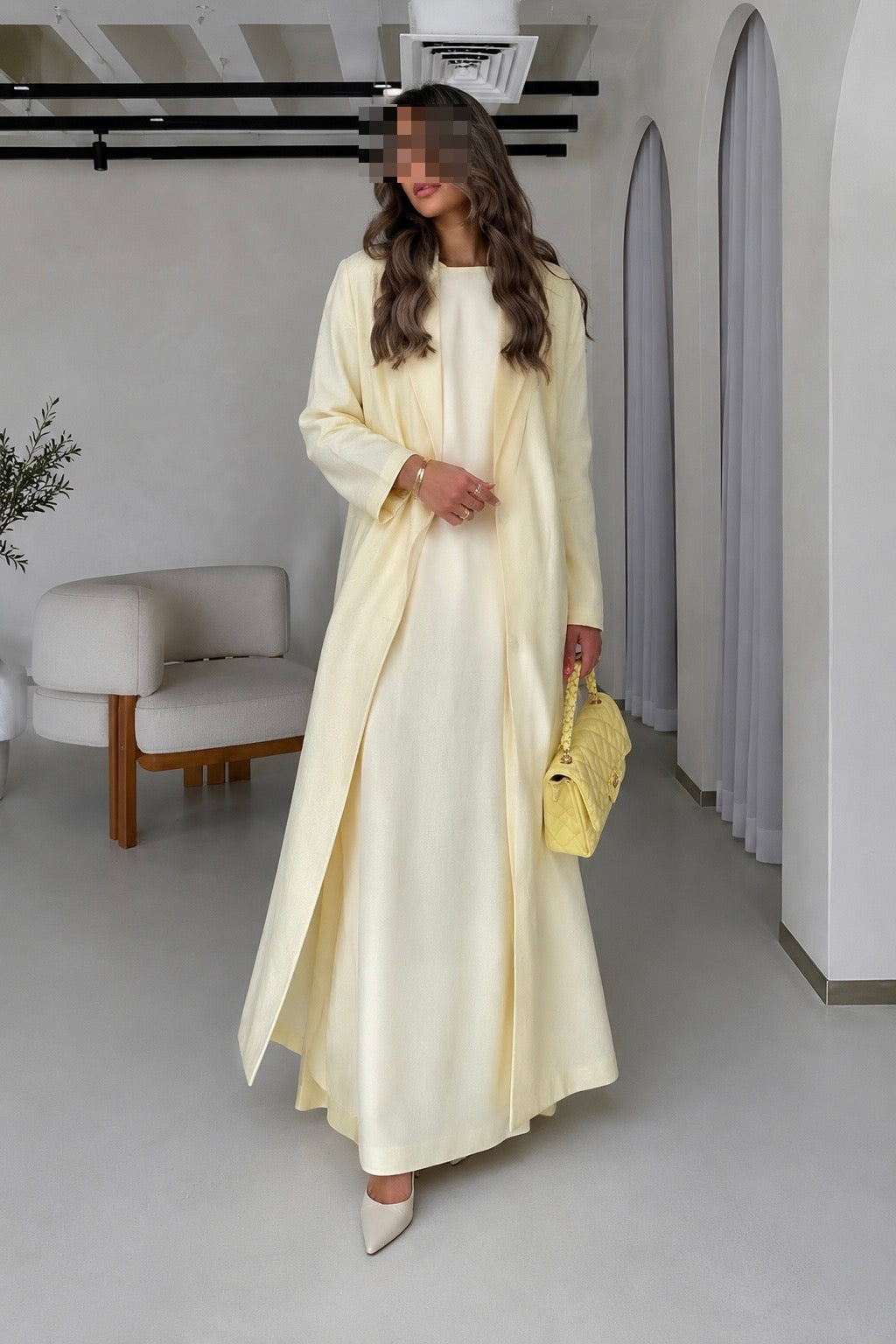 Soft Linen Summer Abaya Set with Matching Inner & Shaila, Butter Yellow