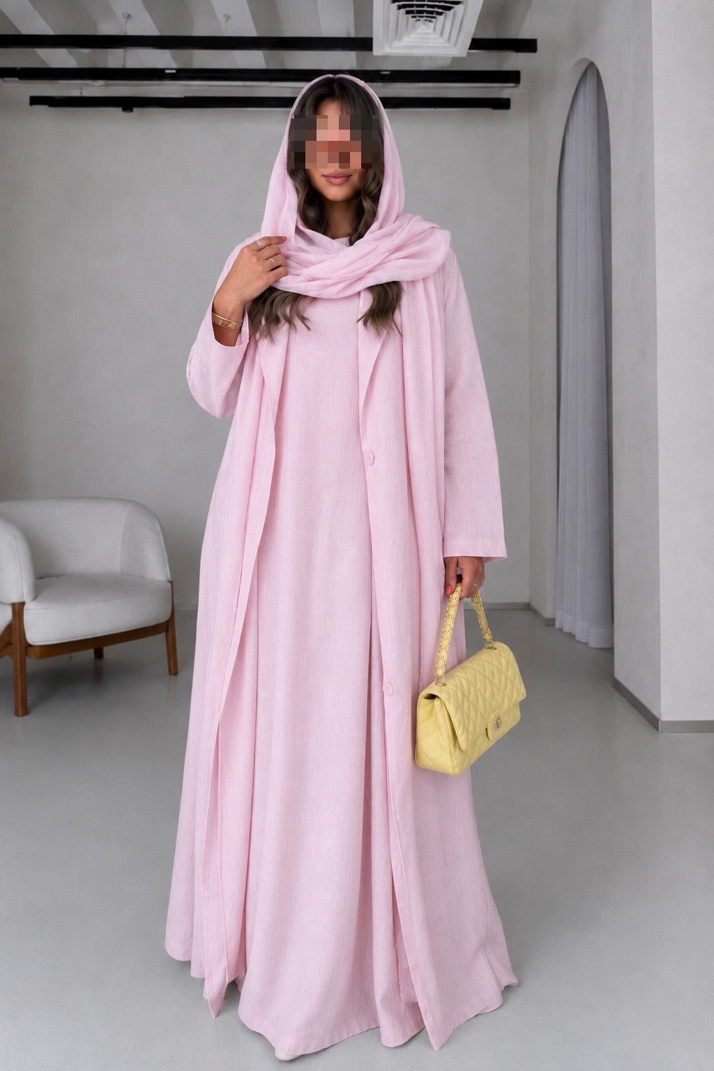 Soft Linen Summer Abaya Set with Matching Inner & Shaila, Baby Pink