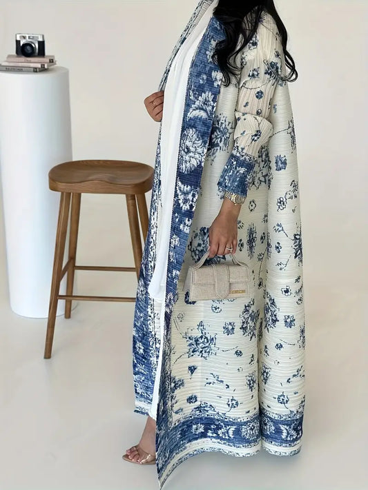 Printed Long Sleeve Pleated Abaya - Lightweight, Breathable Summer Friendly, White & Blue