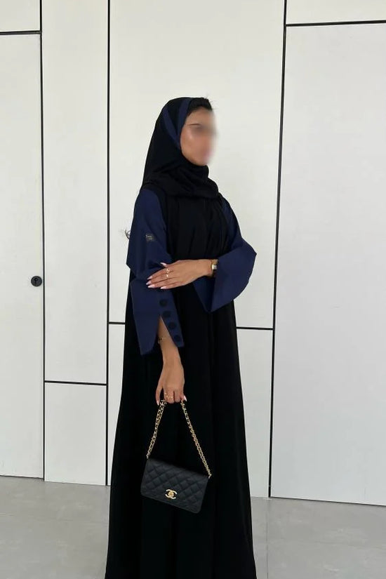 Black Abaya with Navy Blue sleeves with buttons