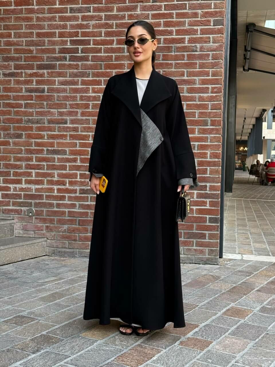 Black crepe abaya with striped trimming