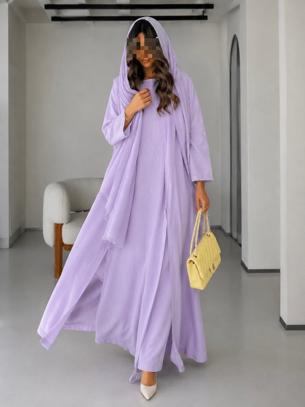 Soft Linen Summer Abaya Set with Matching Inner & Shaila, Lilac