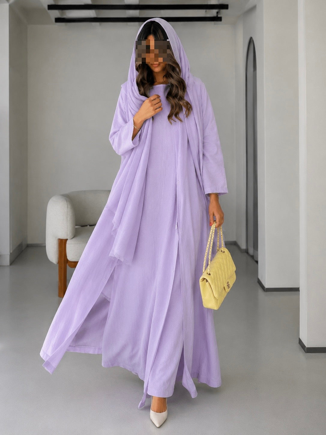 Soft Linen Summer Abaya Set with Matching Inner & Shaila, Lilac