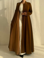 Elegant Pleated Front Open Abaya in Warm Cocoa Brown