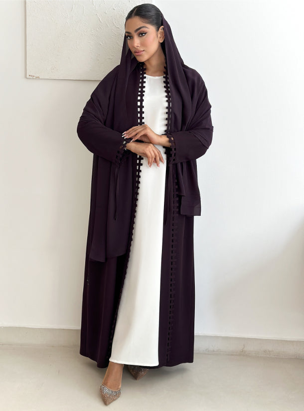 Barbie Fabric Purple Abaya with White Nada Inner Dress
