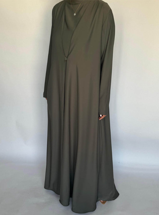 Olive Green Soft Crepe Abaya, With Matching Under Abaya Dress & Shaila