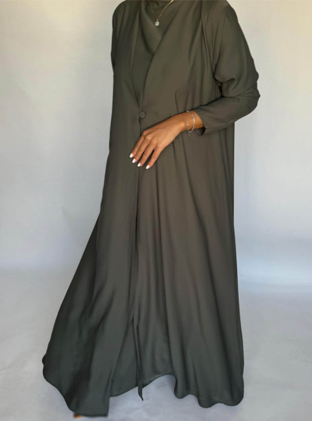 Olive Green Soft Crepe Abaya, With Matching Under Abaya Dress & Shaila