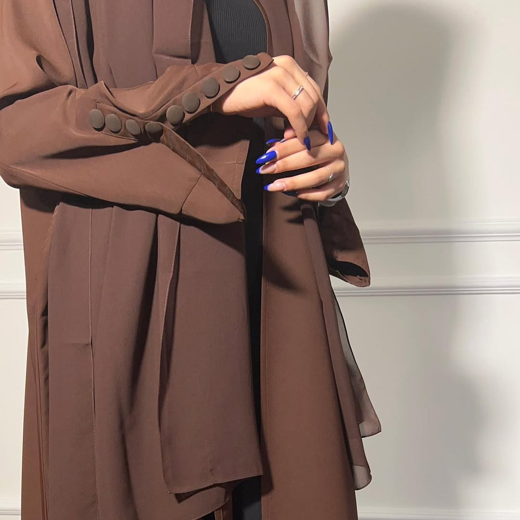 Brown Plain Abaya with Buttons sleeves