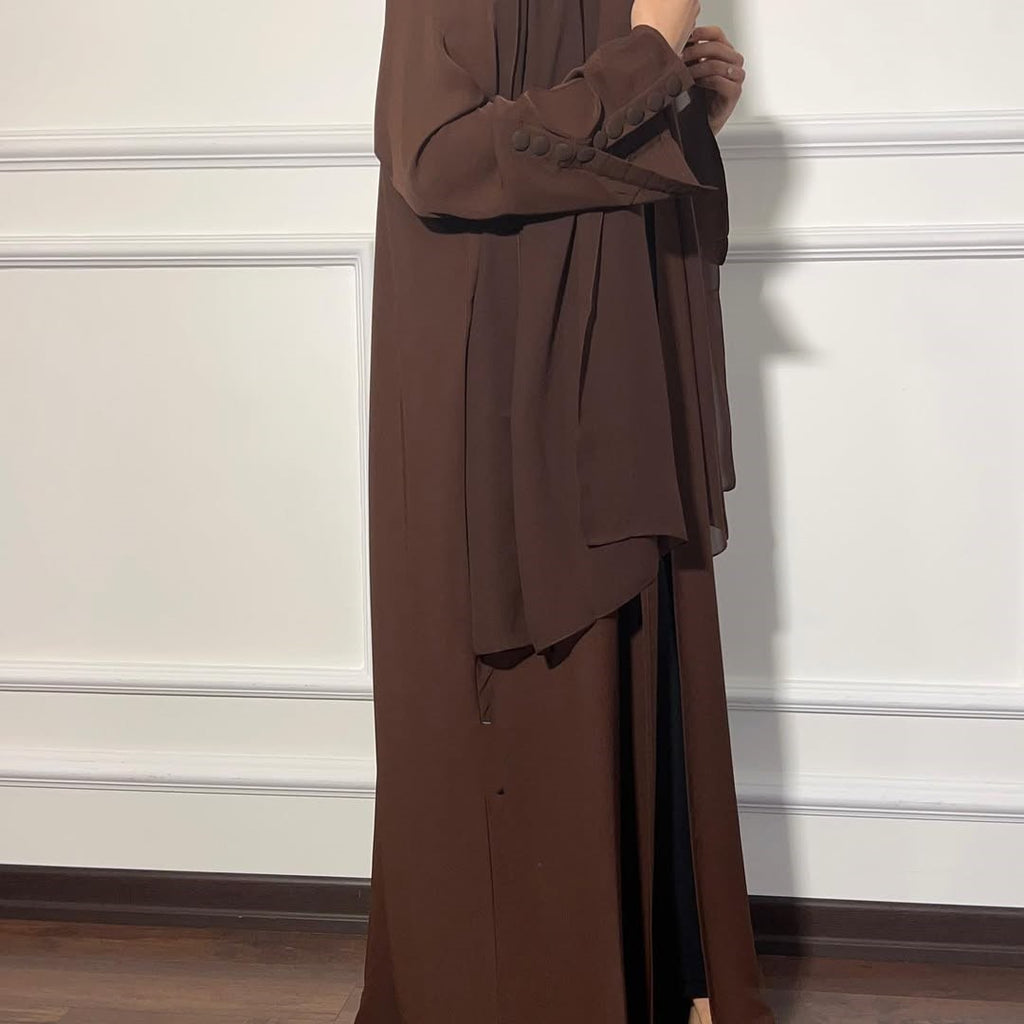Brown Plain Abaya with Buttons sleeves