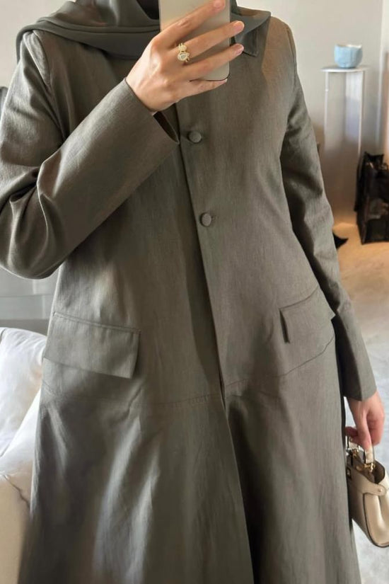 Linen Button-Front Abaya – Olive Grey