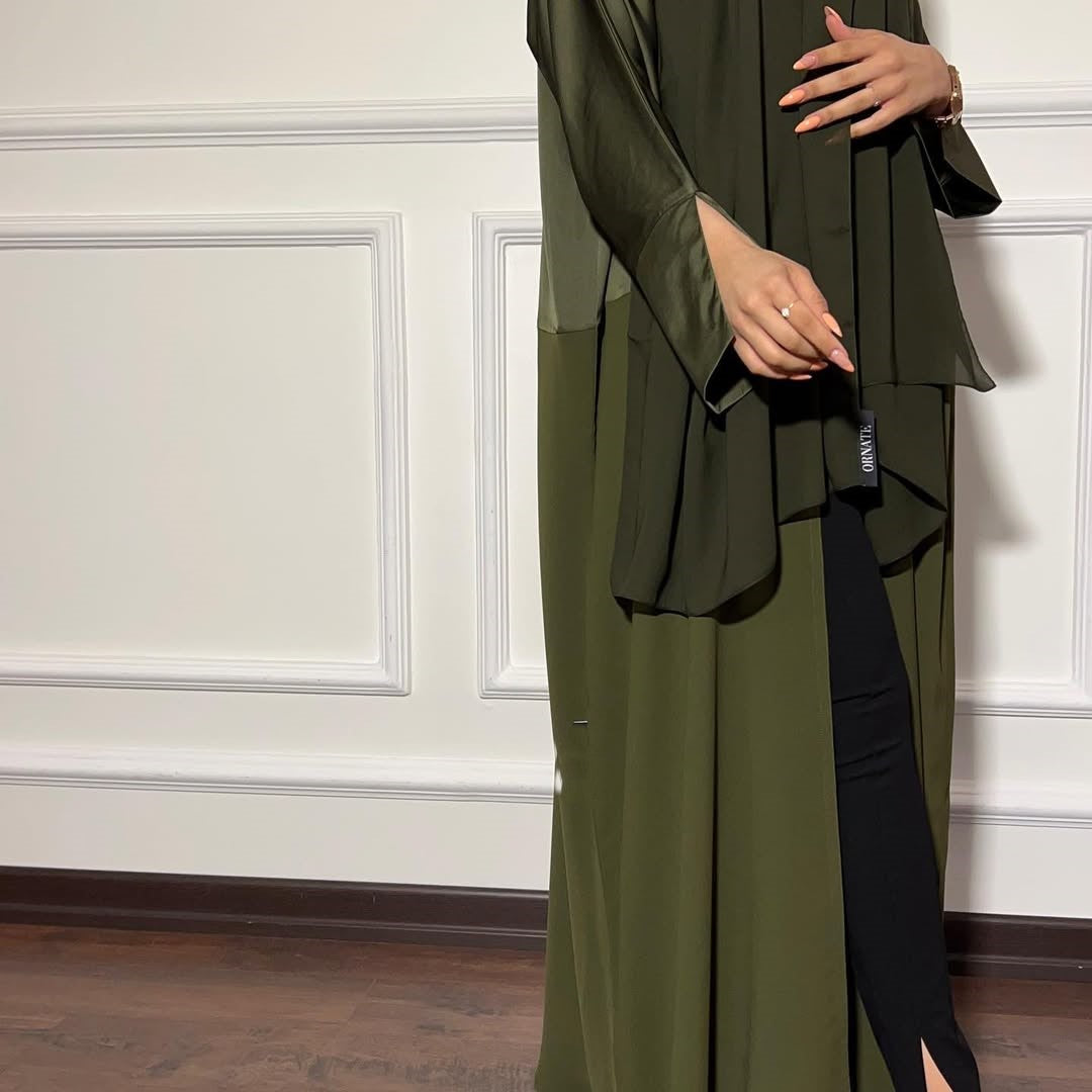 Satin Detailed Straight Abaya - Olive Green