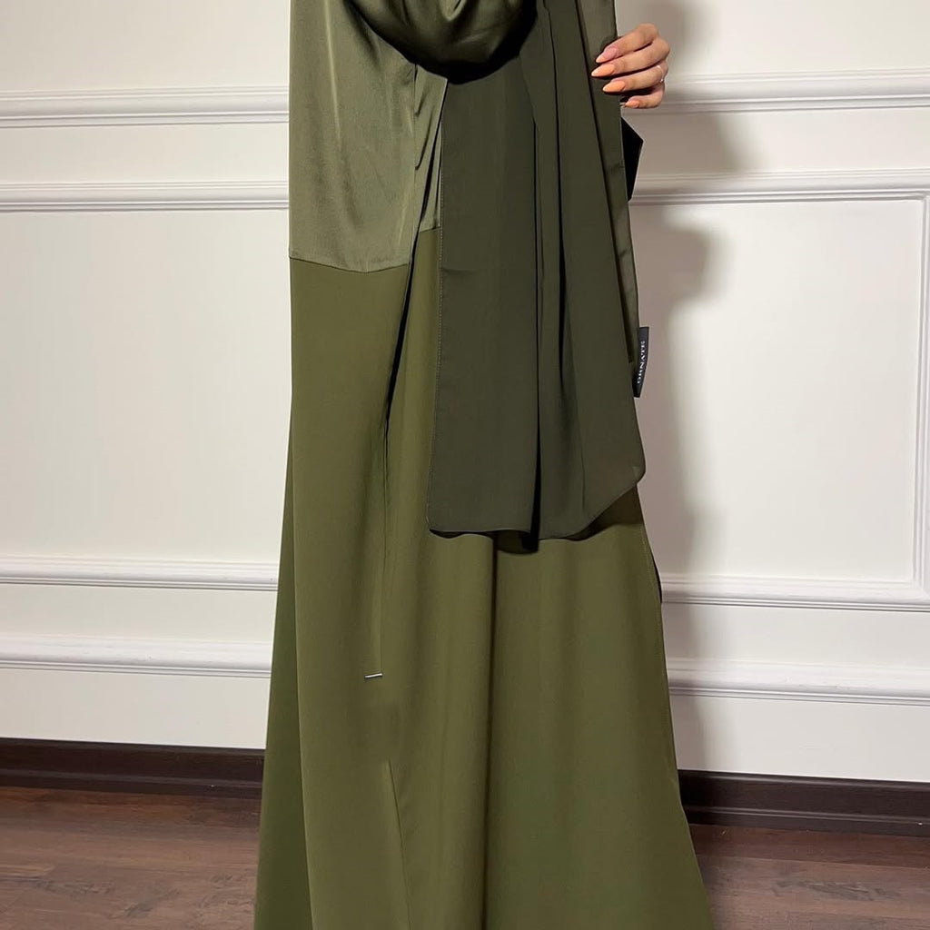 Satin Detailed Straight Abaya - Olive Green