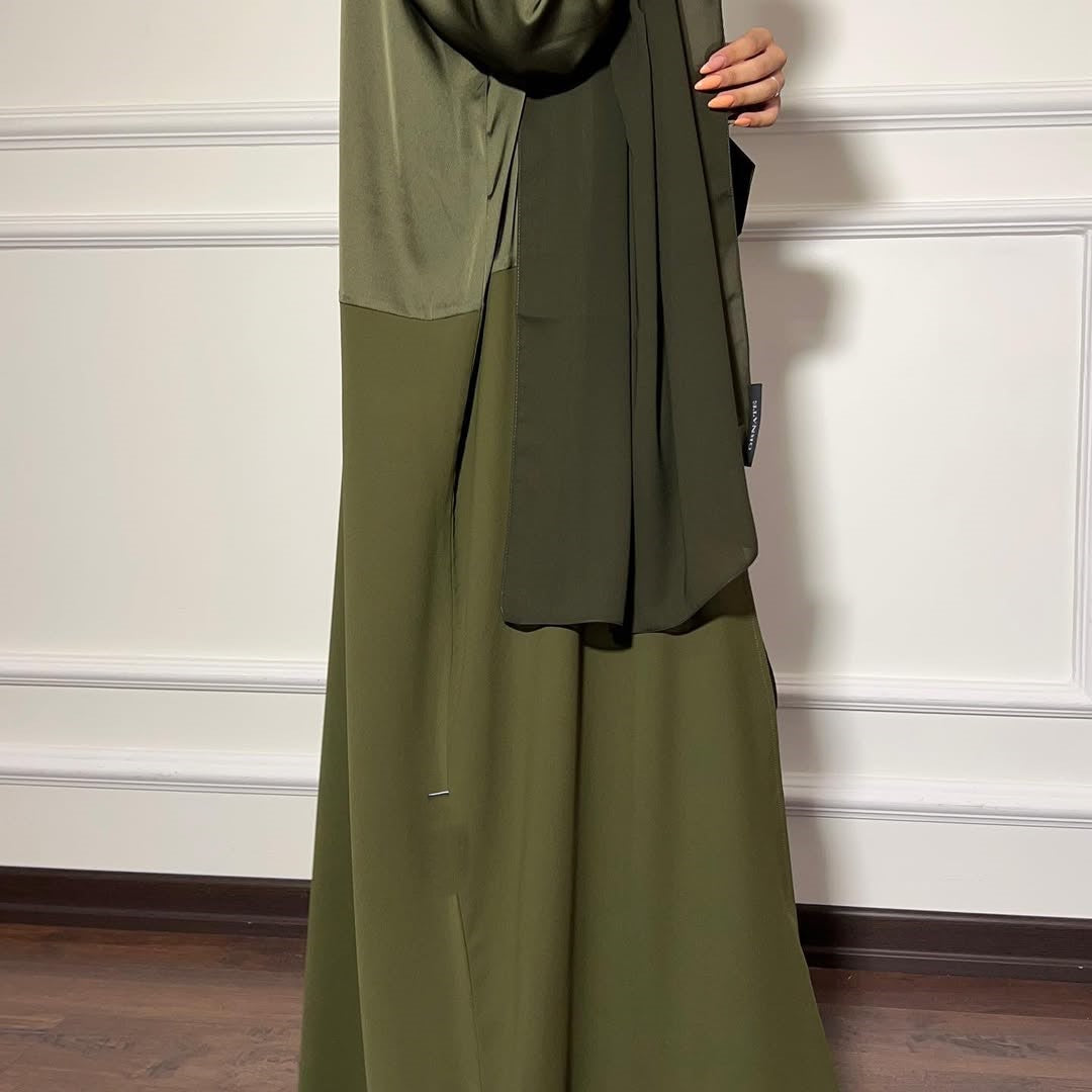 Satin Detailed Straight Abaya - Olive Green