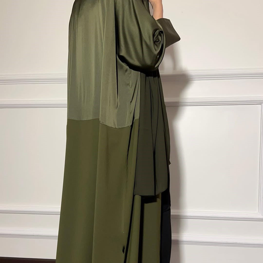 Satin Detailed Straight Abaya - Olive Green