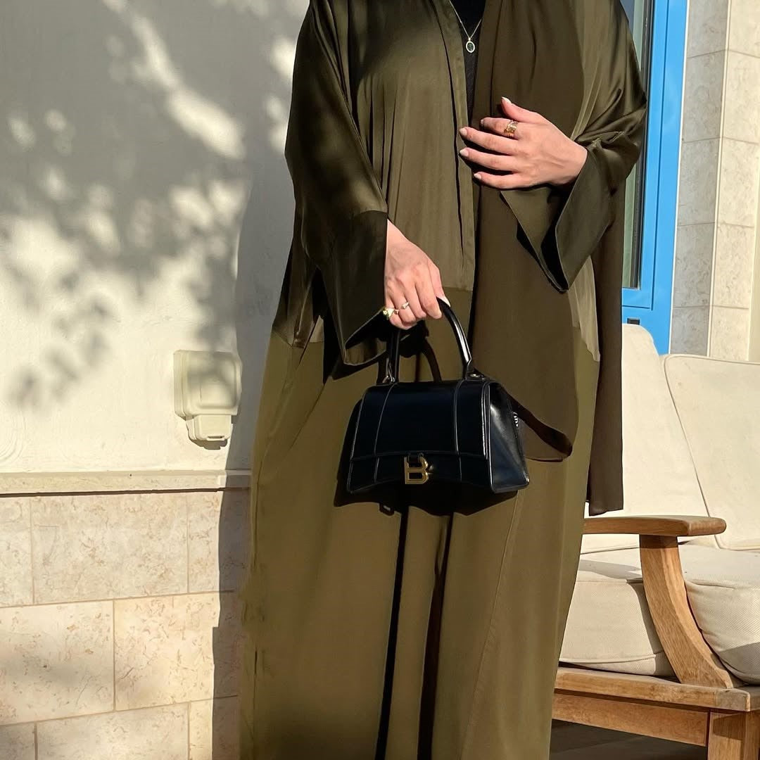 Satin Detailed Straight Abaya - Olive Green