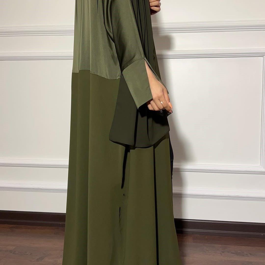 Satin Detailed Straight Abaya - Olive Green