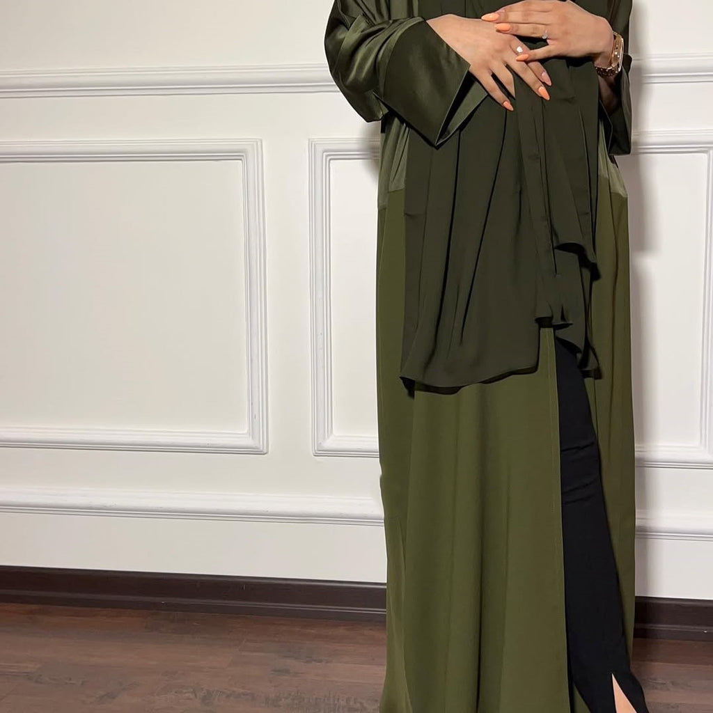 Satin Detailed Straight Abaya - Olive Green