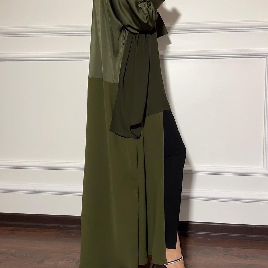 Satin Detailed Straight Abaya - Olive Green