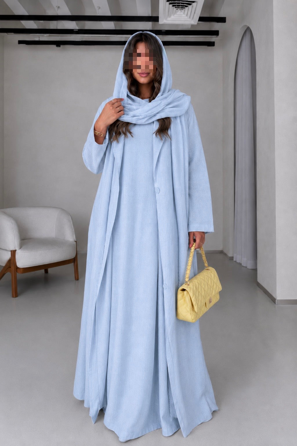 Soft Linen Summer Abaya Set with Matching Inner & Shaila, Light Blue