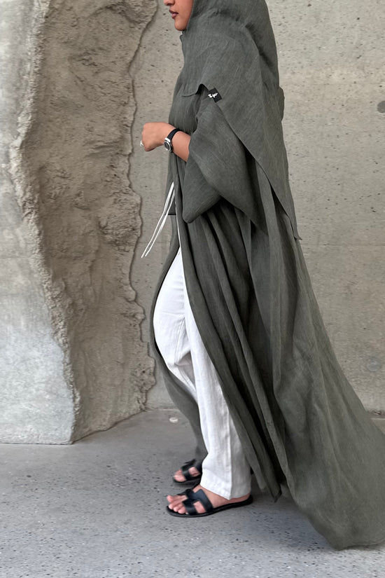Turkish linen abaya, half-bisht cut - Green