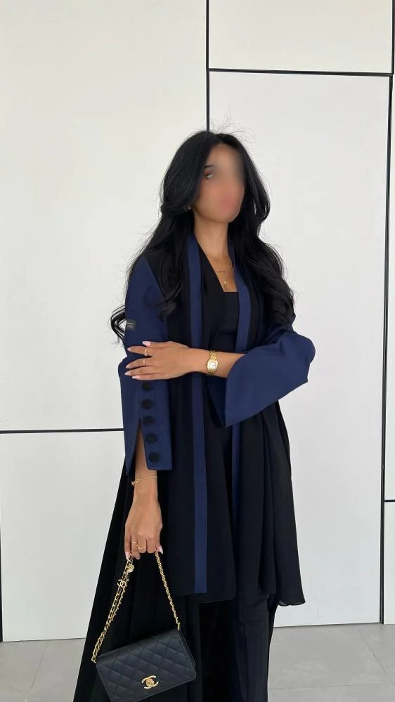 Black Abaya with Navy Blue sleeves with buttons