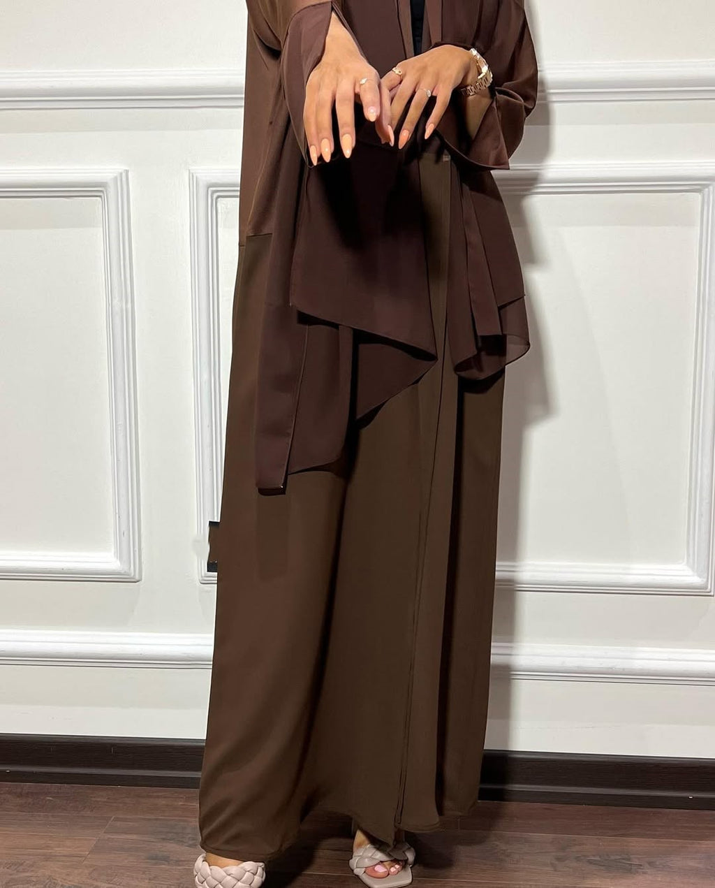 Satin Detailed Straight Abaya - Brown
