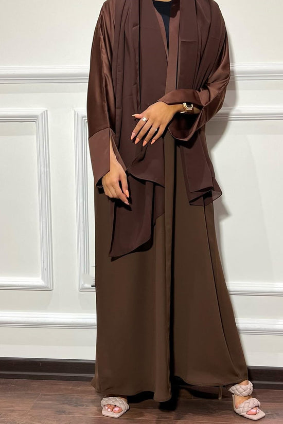 Satin Detailed Straight Abaya - Brown