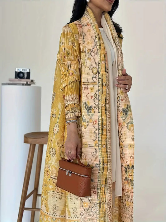 Printed Long Sleeve Pleated Abaya - Lightweight, Breathable Summer Friendly, Yellow