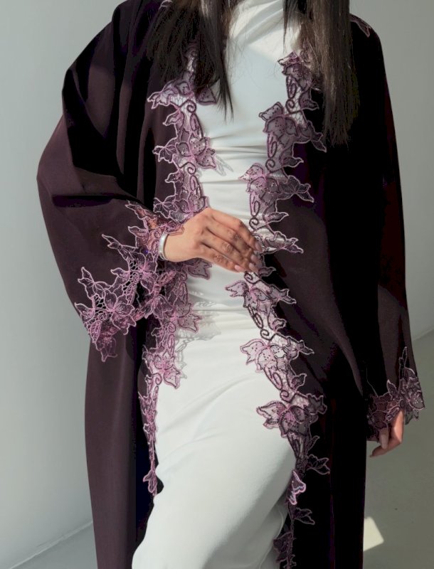 Purple Lace Open Abaya with Shaila