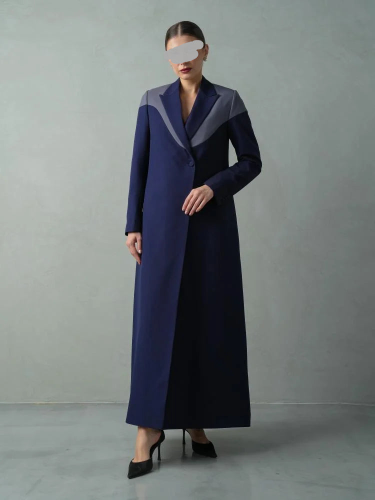 Navy Blue Blazer Abaya with Geometric Grey Contrast Lapel