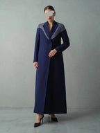 Navy Blue Blazer Abaya with Geometric Grey Contrast Lapel