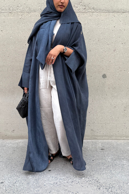 Turkish linen abaya, half-bisht cut - Blue