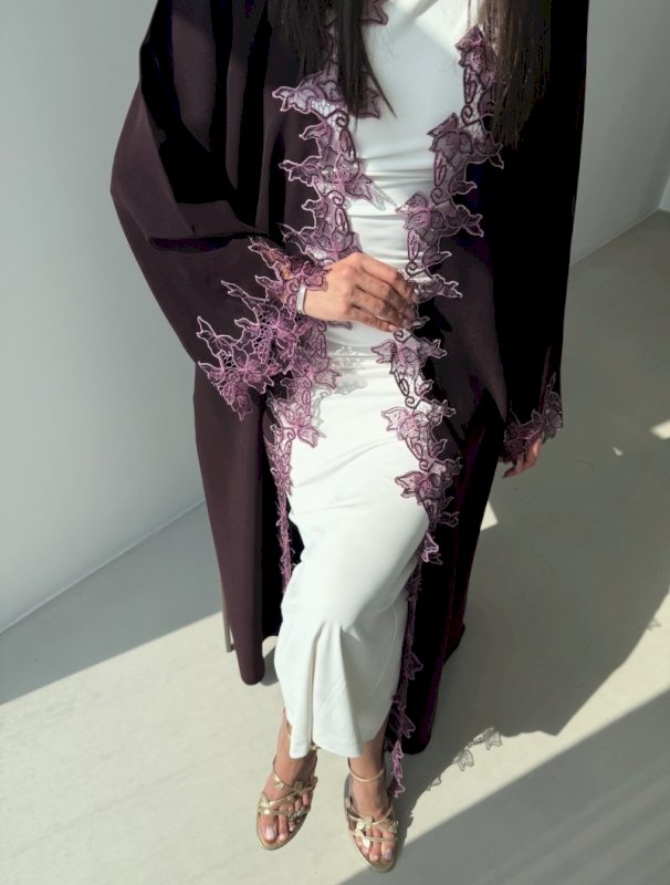 Purple Lace Open Abaya with Shaila