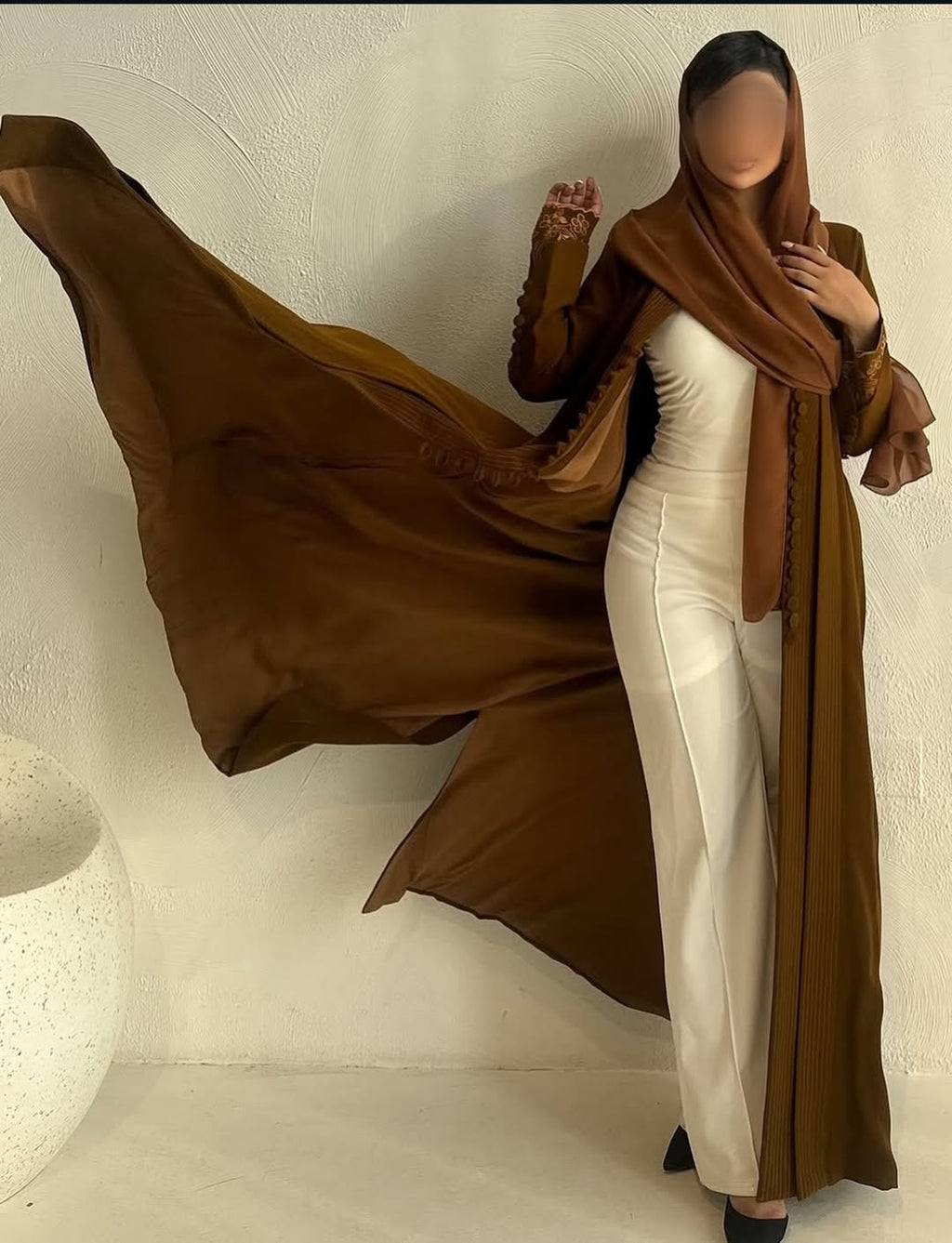 Elegant Pleated Front Open Abaya in Warm Cocoa Brown