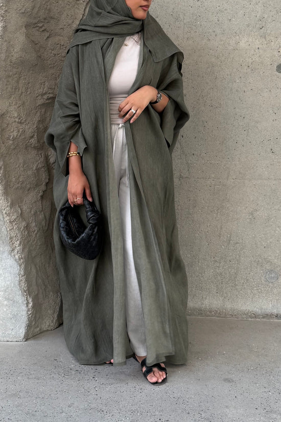 Turkish linen abaya, half-bisht cut - Green