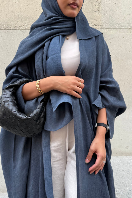 Turkish linen abaya, half-bisht cut - Blue