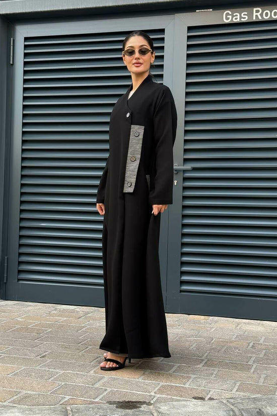 Black crepe abaya with Grey striped trimming