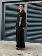 Black crepe abaya with Grey striped trimming