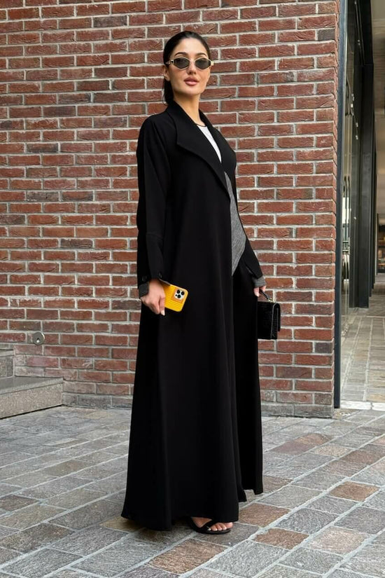 Black crepe abaya with striped trimming