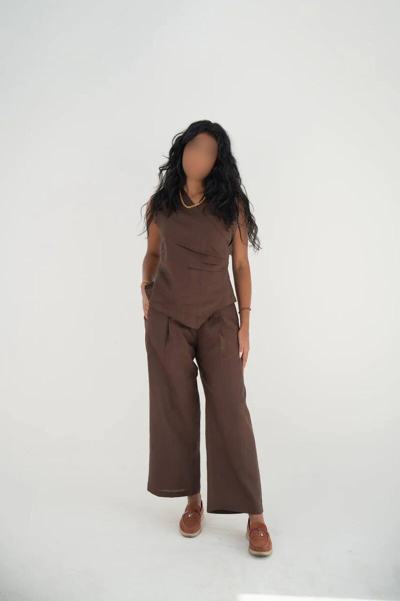 Brown linen blouse and pants