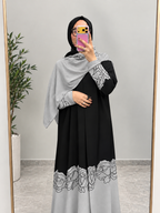 Grey Linen Abaya with Black Floral Detailing