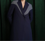 Navy Blue Blazer Abaya with Geometric Grey Contrast Lapel