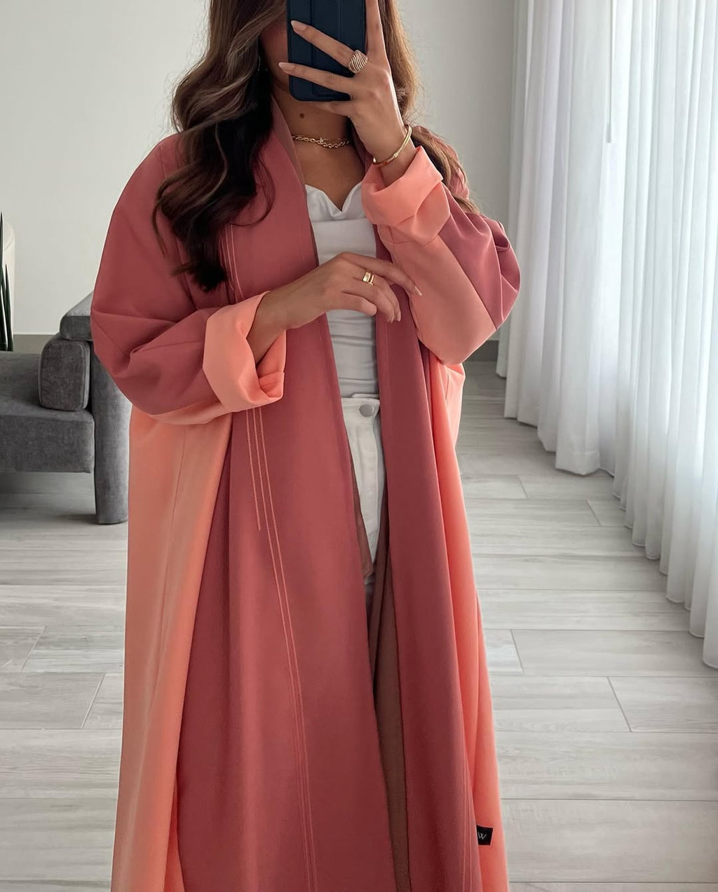 Double Shade Peach abaya with thread work