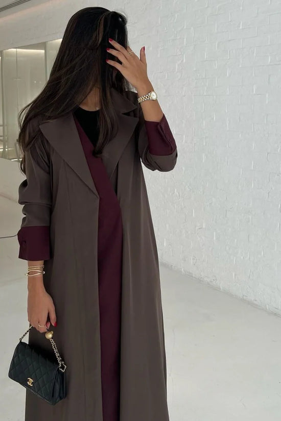 Chocolate Brown Abaya with Burgundy Details
