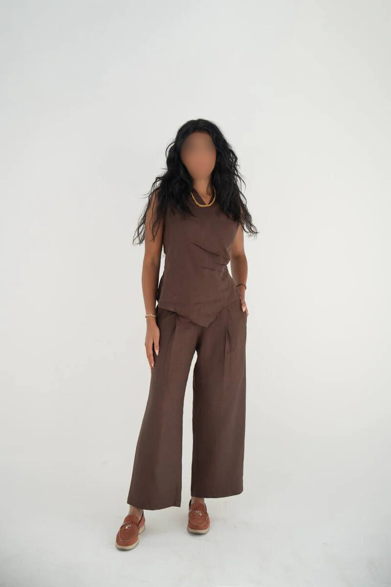 Brown linen blouse and pants