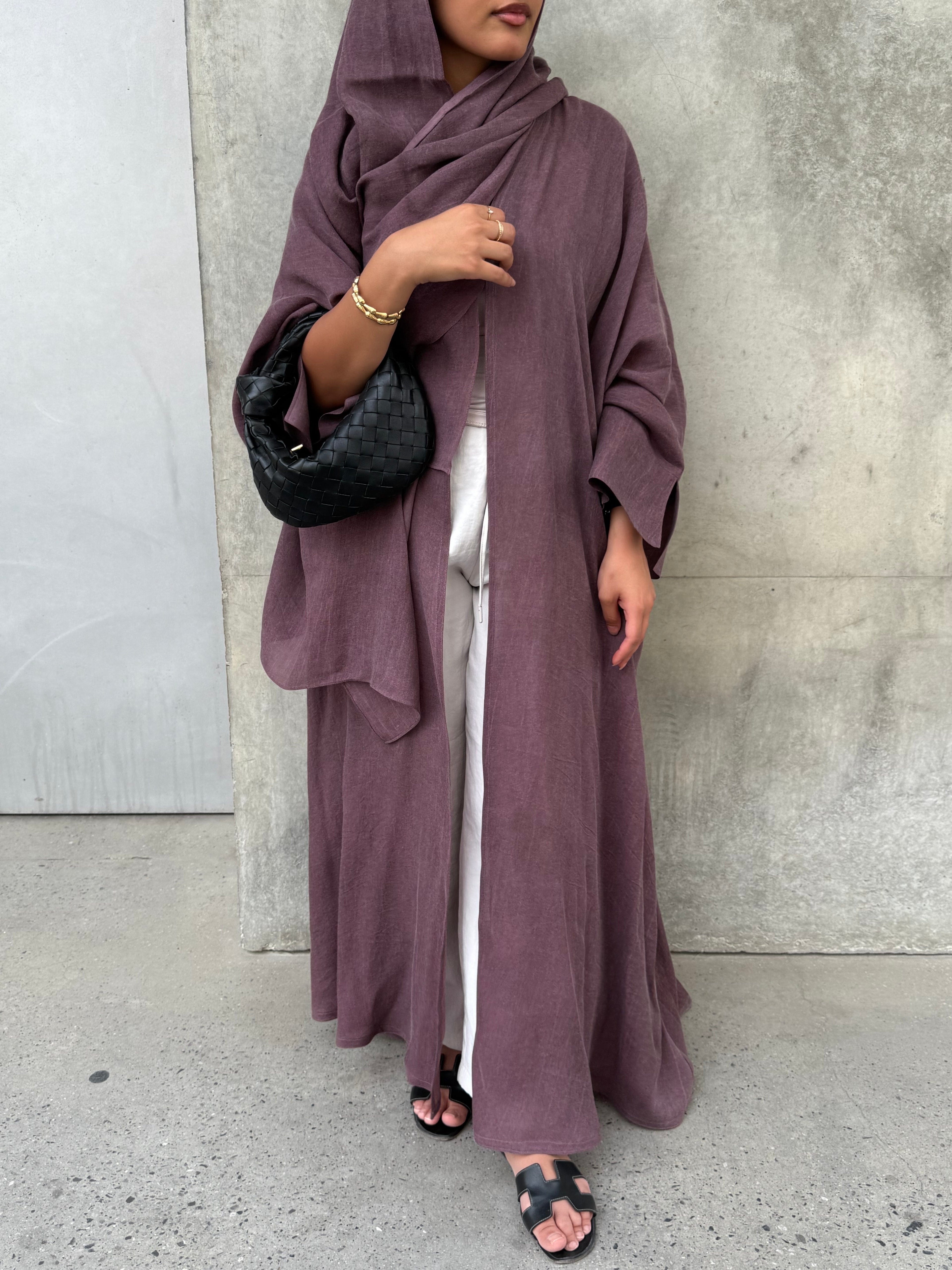 Turkish linen abaya, half-bisht cut - Mauve